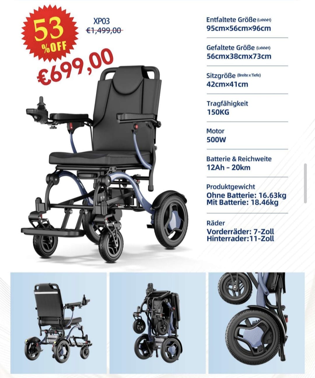 XP03 Lightweight Folding Electric Power Wheelchair