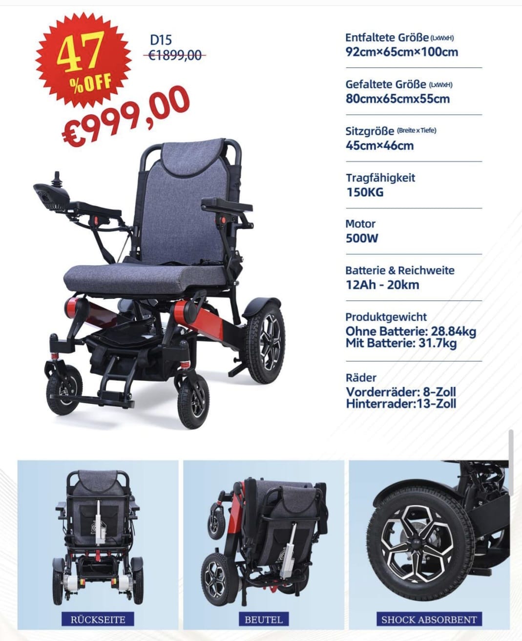 D15 Folding Electric Power Wheelchair with Shock Absorbers