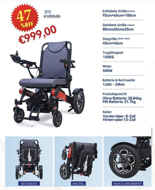 D15 Folding Electric Power Wheelchair with Shock Absorbers