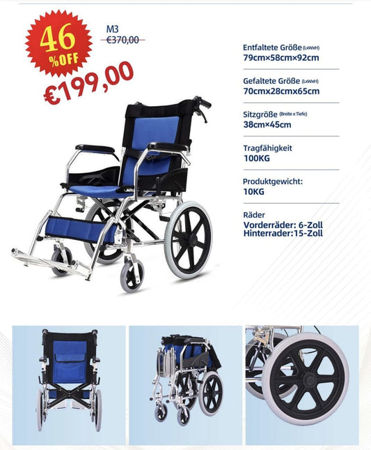 M3 Lightweight Folding Wheelchair – 100kg Capacity