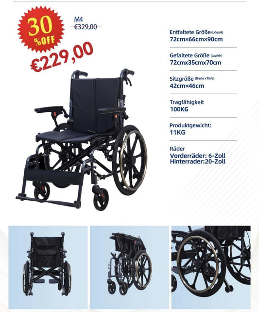 Foldable Manual Wheelchair M4 – Lightweight, Portable & Comfortable (100kg Capacity)